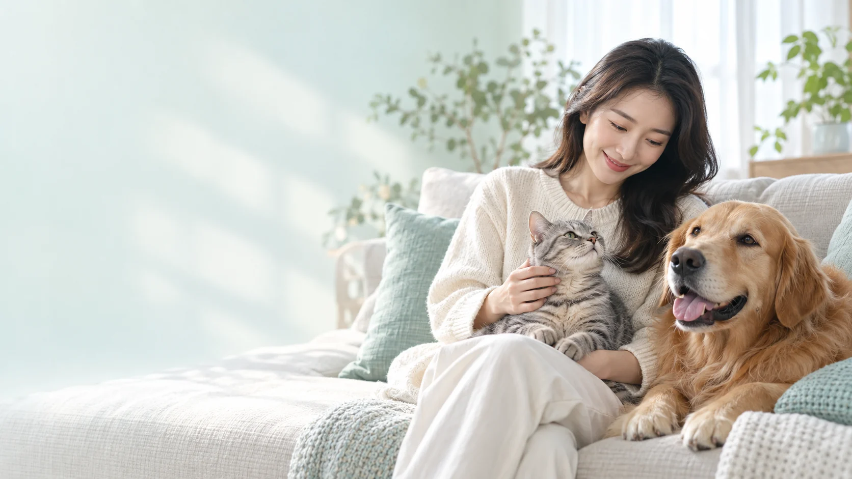 Pet parent with a dog and cat at home (AI-generated illustration)
