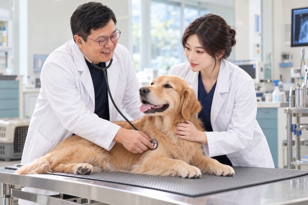 Veterinary team examining a dog (AI-generated illustration)