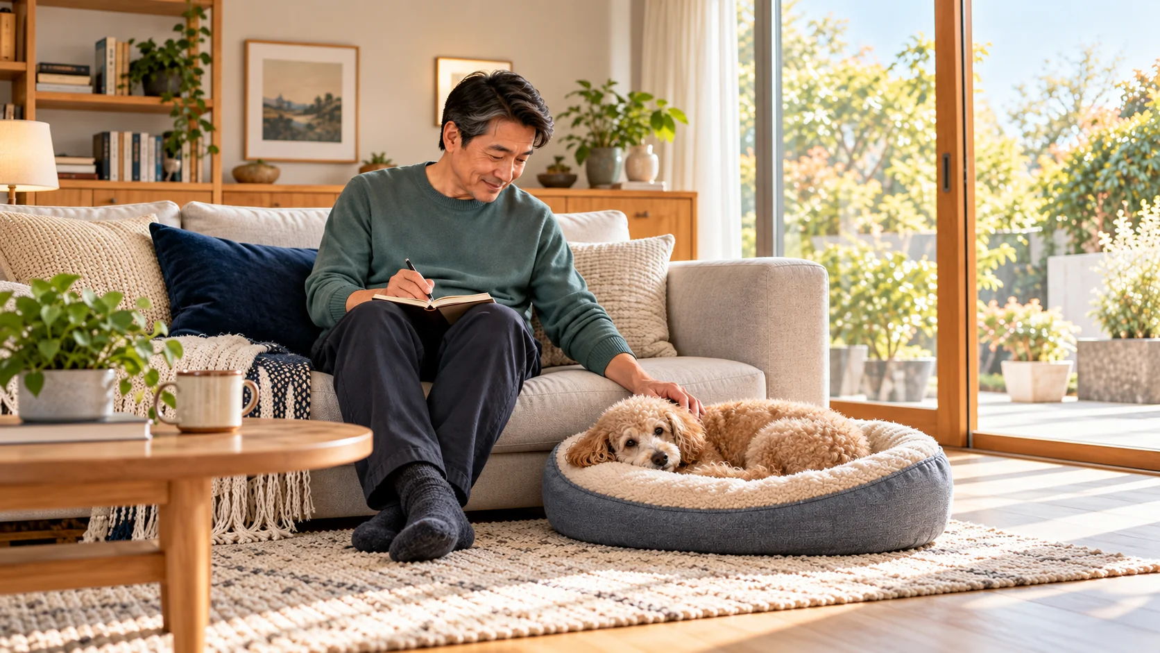 Pet parent keeping daily care notes beside a senior poodle (AI-generated illustration)