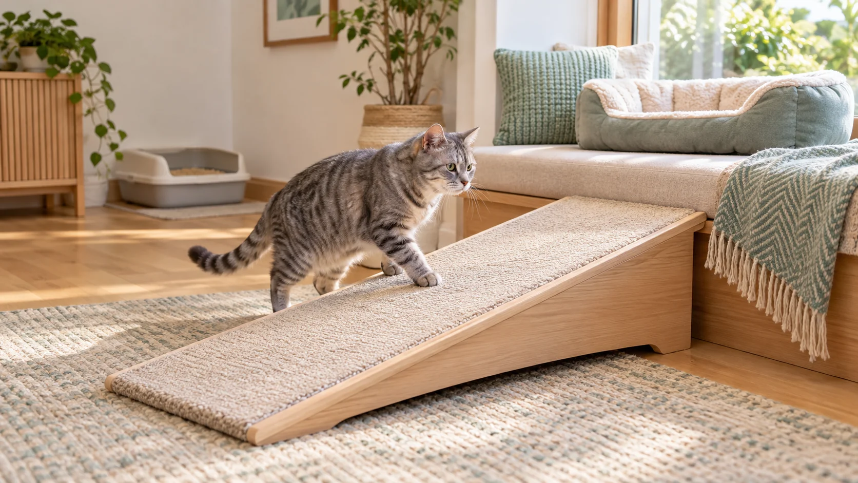 Senior tabby cat using a low, non-slip ramp and resting area (AI-generated illustration)