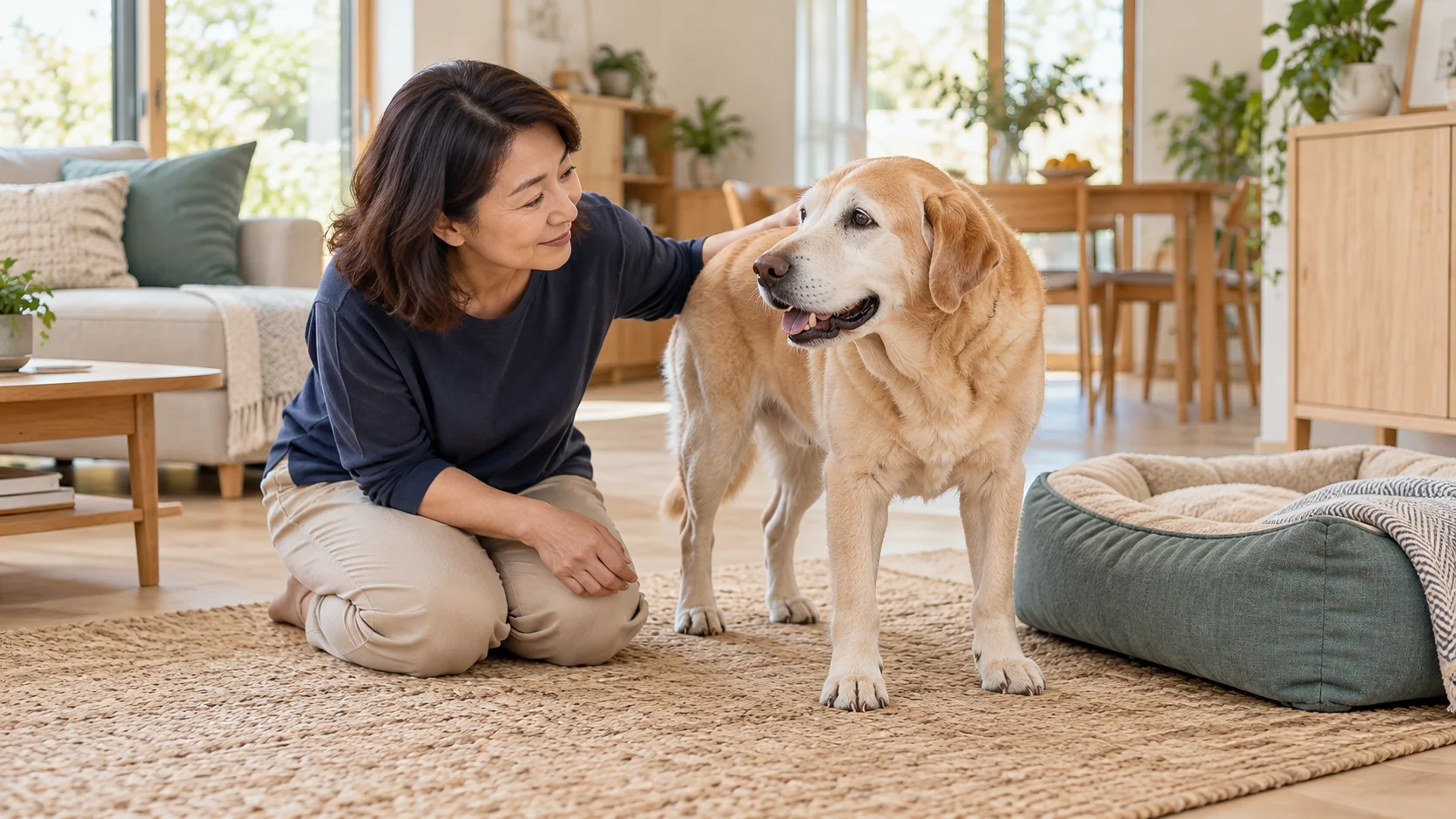 Pet parent observing a senior dog's posture and daily activity at home (AI-generated illustration)