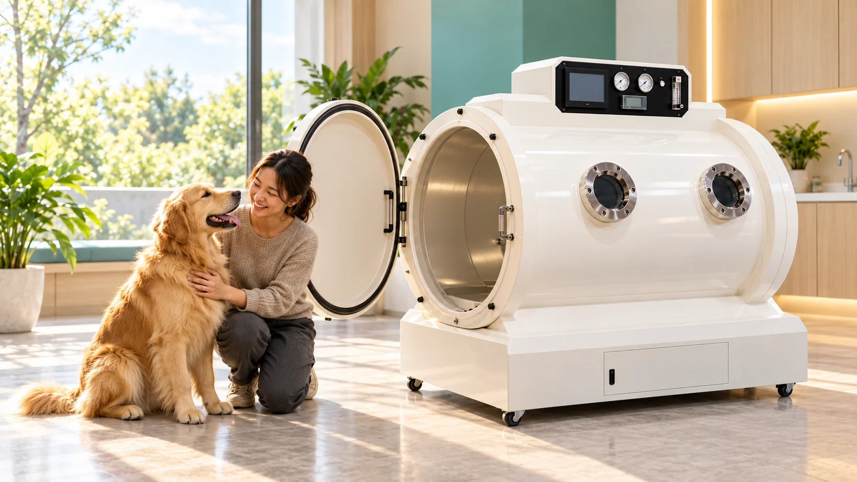 Pet parent and golden retriever beside an open steel hyperbaric oxygen chamber; the dog is outside the chamber (AI-generated illustration)