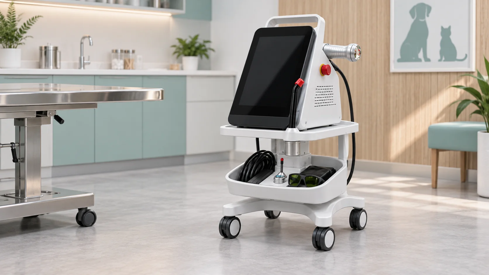Class IV laser console, cart and protective accessories in a clinical space (AI-generated illustration)
