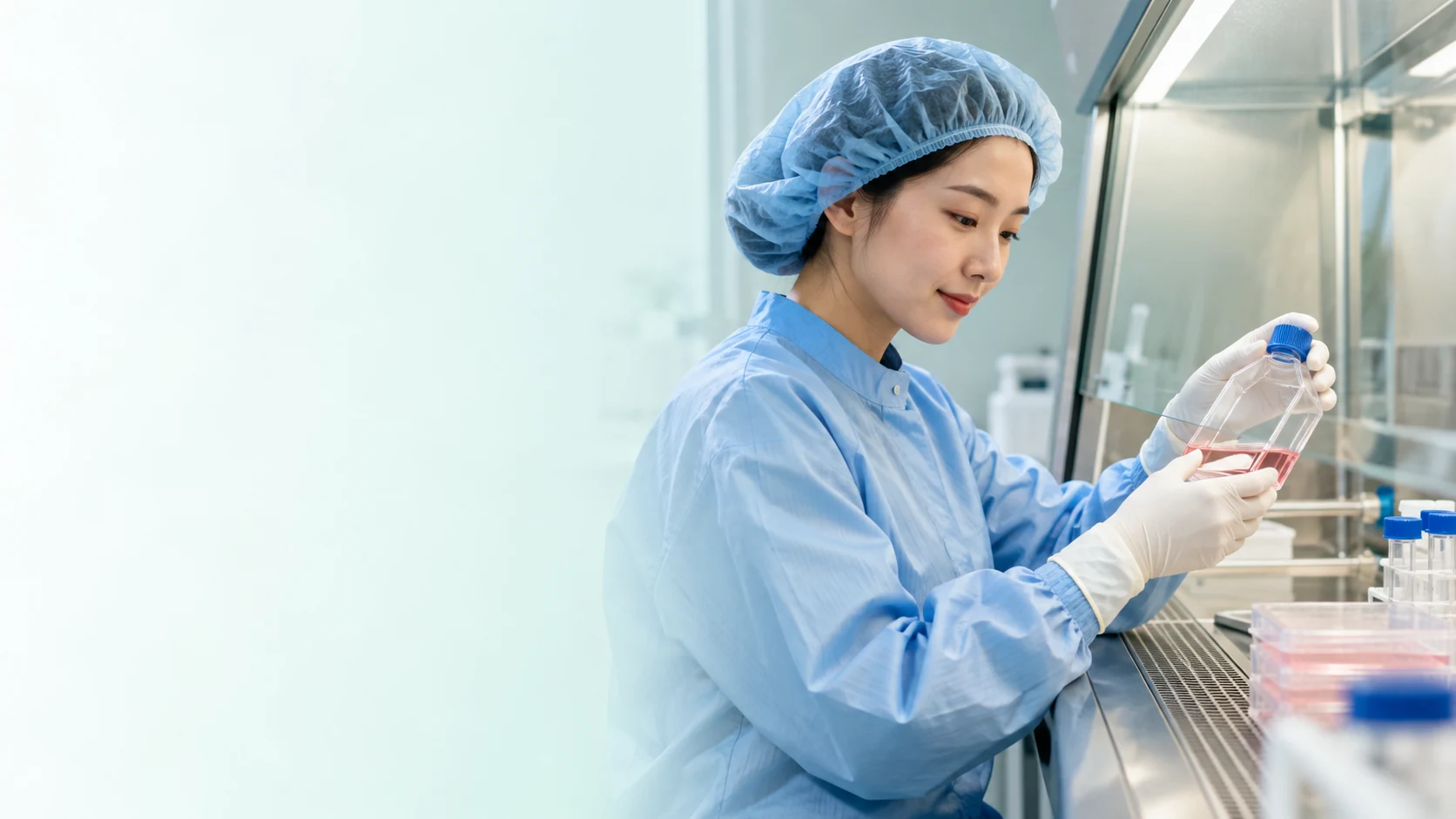 Laboratory professional examining a cell culture flask (AI-generated illustration)