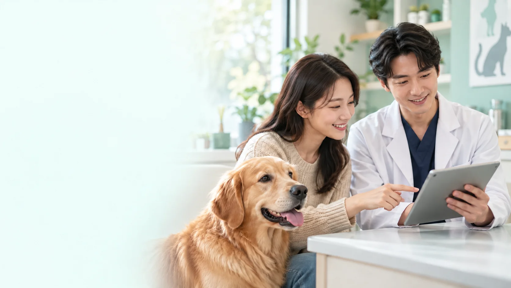 Veterinarian and pet parent reviewing care records on a tablet (AI-generated illustration)
