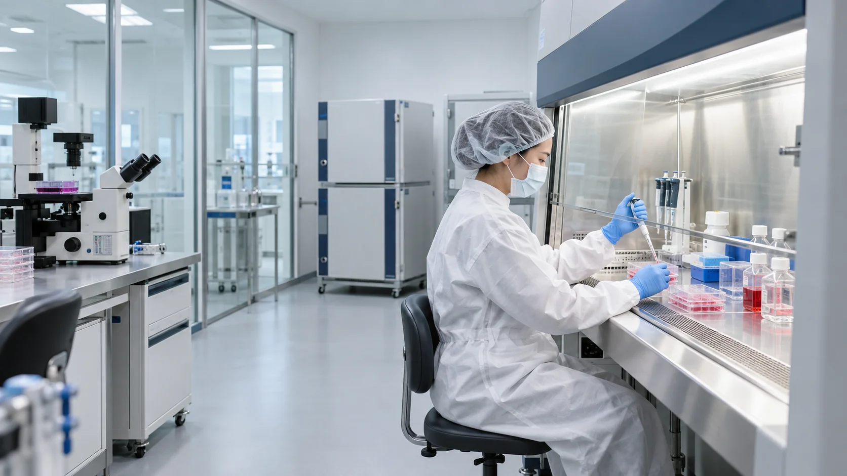 Biosafety cabinet, culture equipment and laboratory professional in a cell research setting (AI-generated illustration)