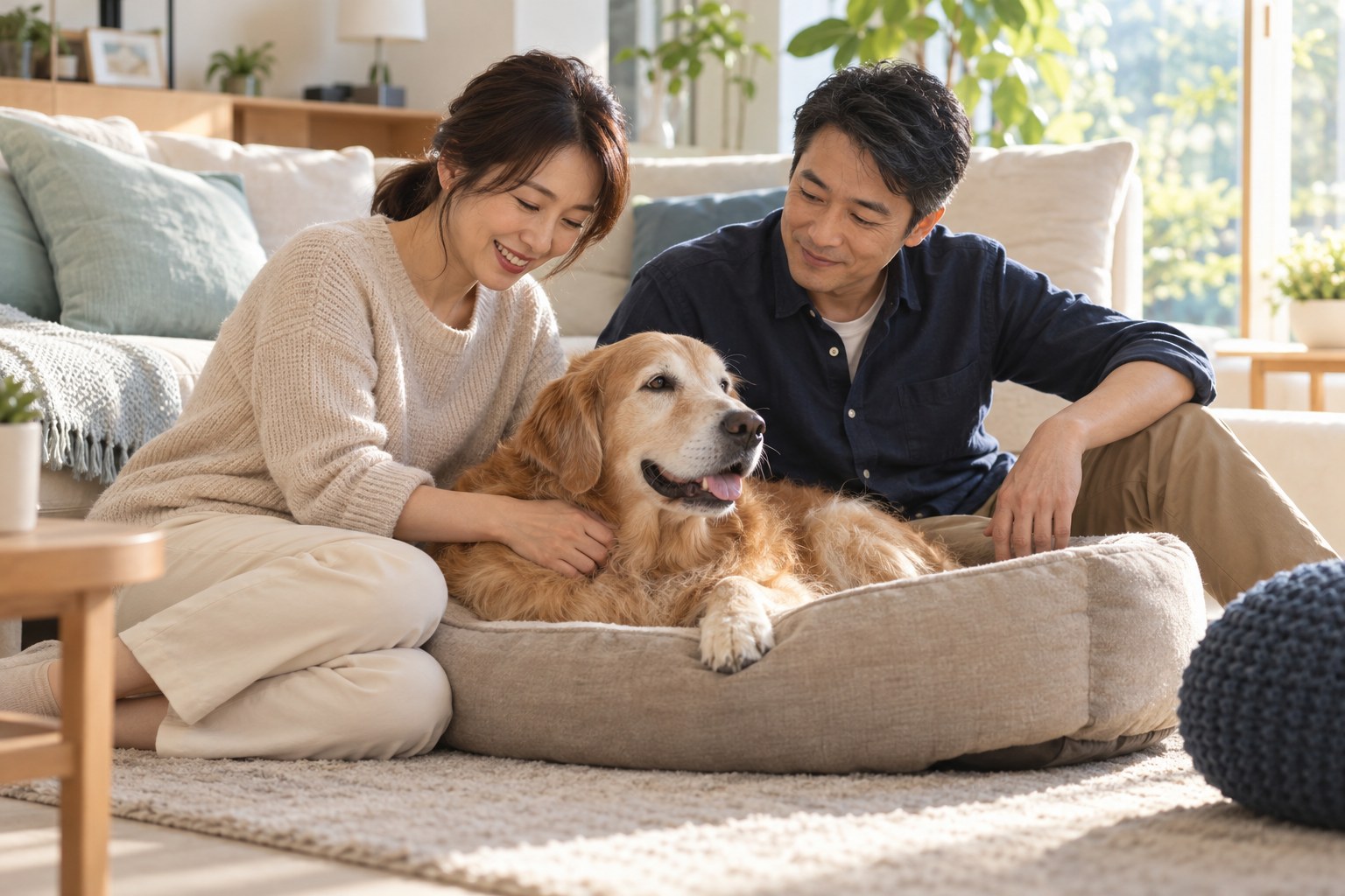 Pet parents at home with a senior golden retriever (AI-generated illustration)