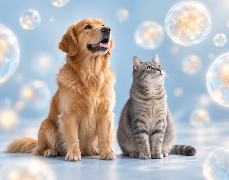 Dog and cat with abstract cell-inspired spheres (AI-generated illustration)
