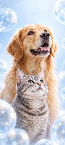 Dog and cat looking toward abstract cell-inspired spheres, portrait composition (AI-generated illustration)